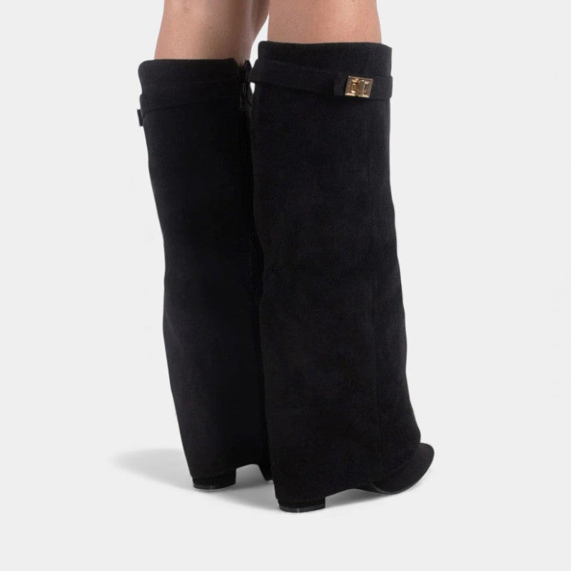 Women’s Knee High Boots With Wide Flare Top and Pointed Toe