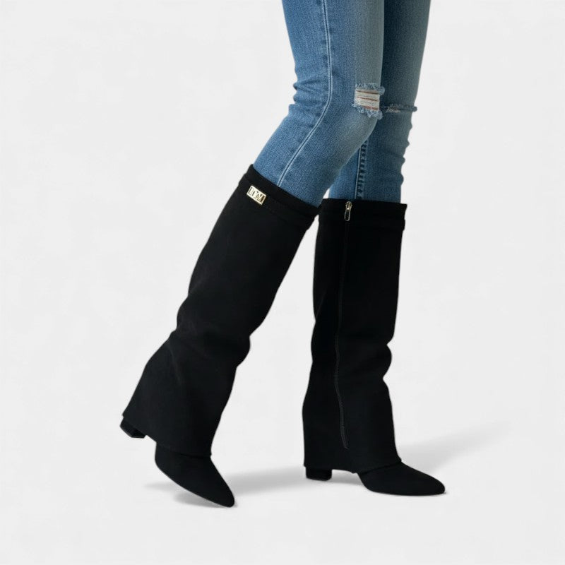 Women’s Knee High Boots With Wide Flare Top and Pointed Toe