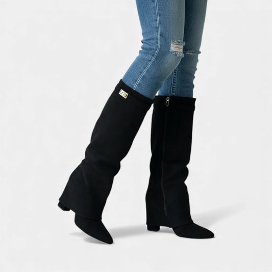 Women’s Knee High Boots With Wide Flare Top and Pointed Toe
