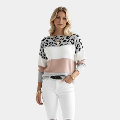 Women’s Knit Sweater With Animal Pattern and Colour Block Design