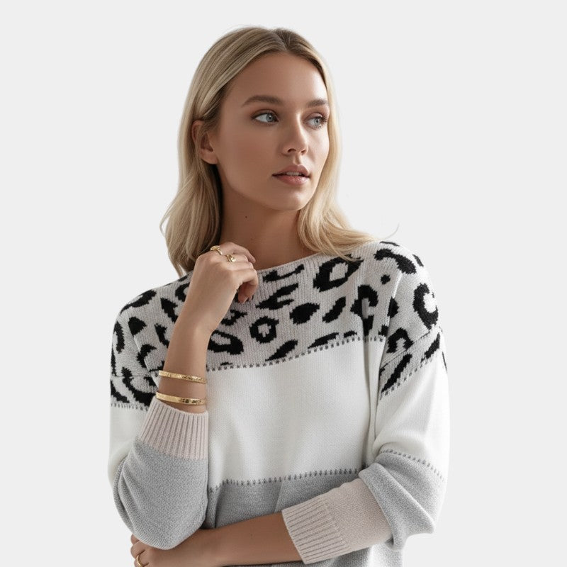 Women’s Knit Sweater With Animal Pattern and Colour Block Design