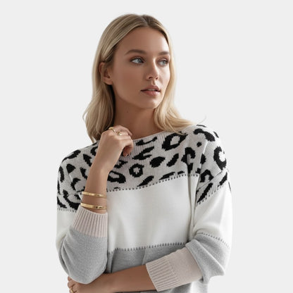 Women’s Knit Sweater With Animal Pattern and Colour Block Design