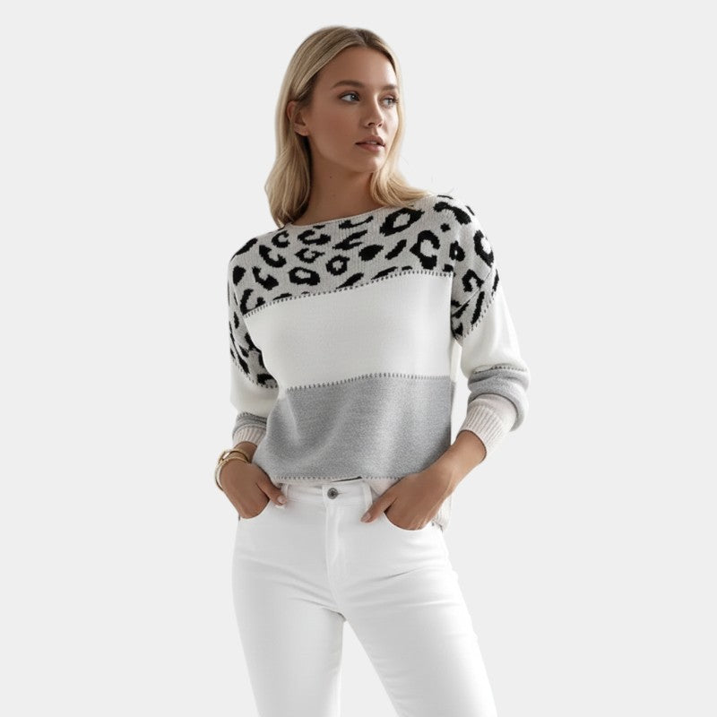 Women’s Knit Sweater With Animal Pattern and Colour Block Design