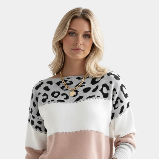 Women’s Knit Sweater With Animal Pattern and Colour Block Design
