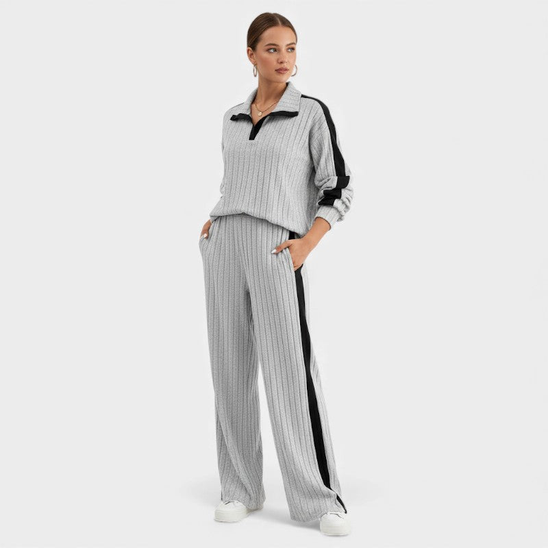 Women’s Knit Two Piece Set With Ribbed Top and Wide Leg Trousers