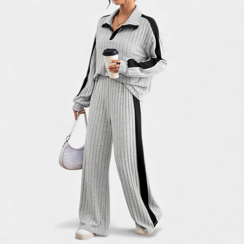 Women’s Knit Two Piece Set With Ribbed Top and Wide Leg Trousers