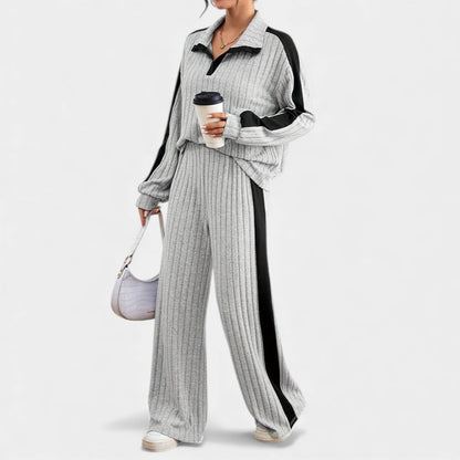 Women’s Knit Two Piece Set With Ribbed Top and Wide Leg Trousers