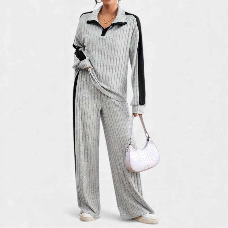 Women’s Knit Two Piece Set With Ribbed Top and Wide Leg Trousers