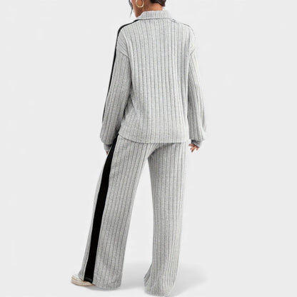 Women’s Knit Two Piece Set With Ribbed Top and Wide Leg Trousers