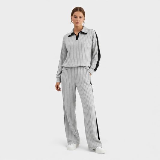 Women’s Knit Two Piece Set With Ribbed Top and Wide Leg Trousers