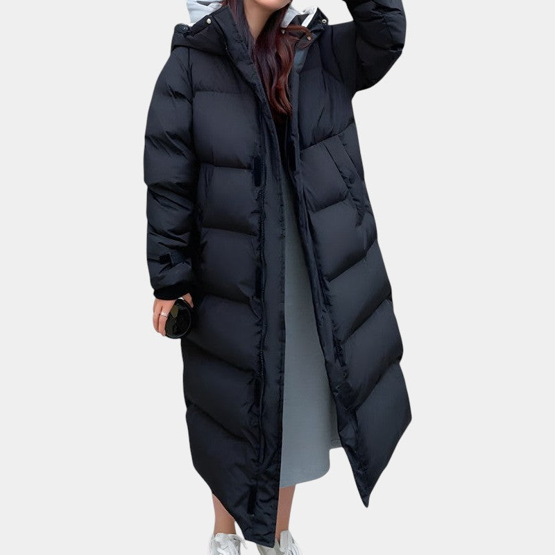 Women’s Long Puffer Coat With Hood and Zip Fastening