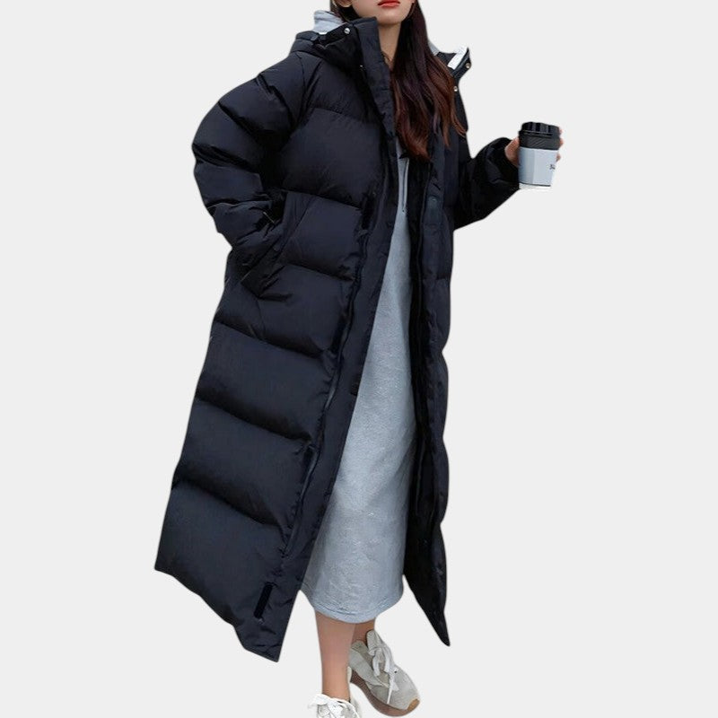 Women’s Long Puffer Coat With Hood and Zip Fastening