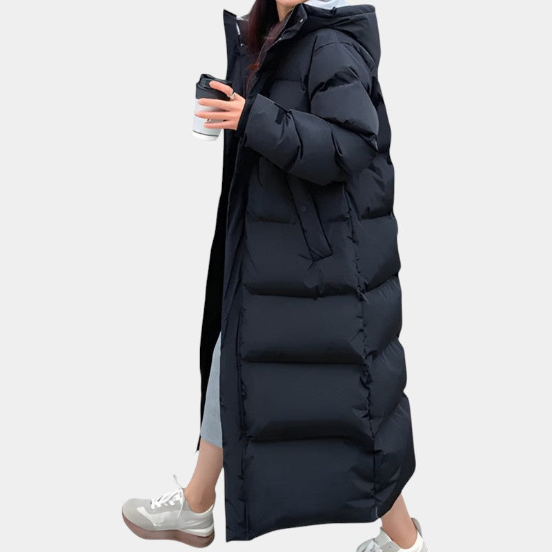Women’s Long Puffer Coat With Hood and Zip Fastening