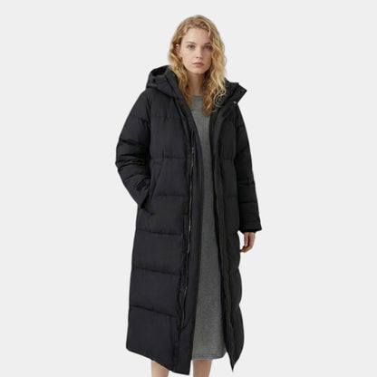 Women’s Long Puffer Coat With Hood and Zip Fastening