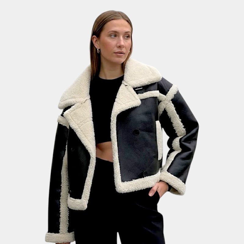 Women’s Short Oversized Jacket With Contrast Trim and Button Front