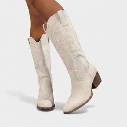 Women’s Suede Cowboy Boots With Block Heel and Western Stitching