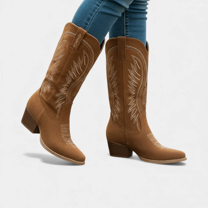 Women’s Suede Cowboy Boots With Block Heel and Western Stitching