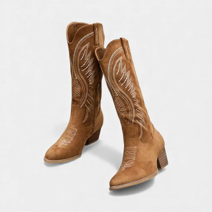 Women’s Suede Cowboy Boots With Block Heel and Western Stitching