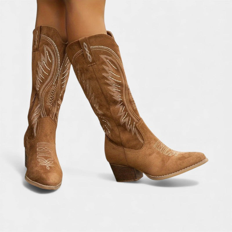 Women’s Suede Cowboy Boots With Block Heel and Western Stitching