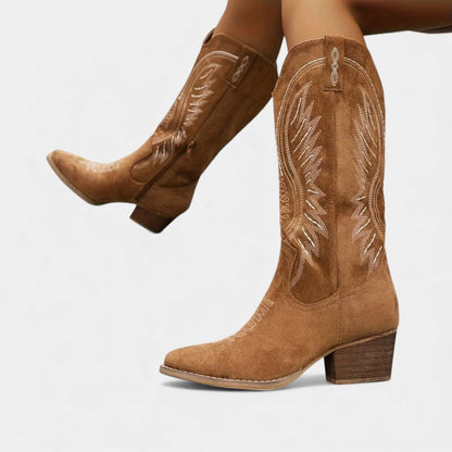 Women’s Suede Cowboy Boots With Block Heel and Western Stitching