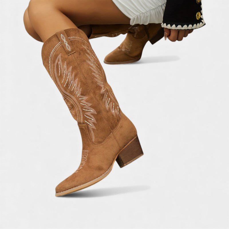 Women’s Suede Cowboy Boots With Block Heel and Western Stitching
