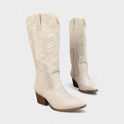 Women’s Suede Cowboy Boots With Block Heel and Western Stitching
