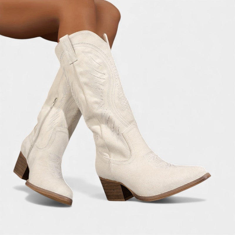 Women’s Suede Cowboy Boots With Block Heel and Western Stitching