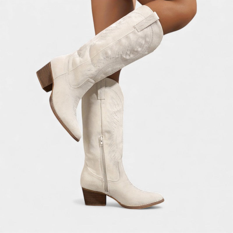 Women’s Suede Cowboy Boots With Block Heel and Western Stitching