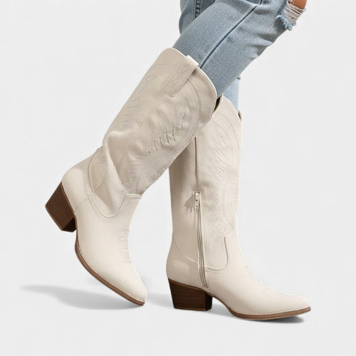 Women’s Suede Cowboy Boots With Block Heel and Western Stitching