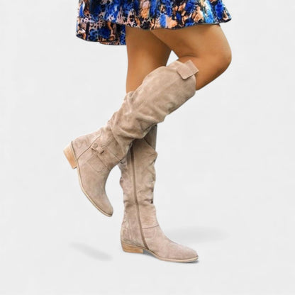 Women’s Suede Knee High Boots With Side Zip and Strap Detail