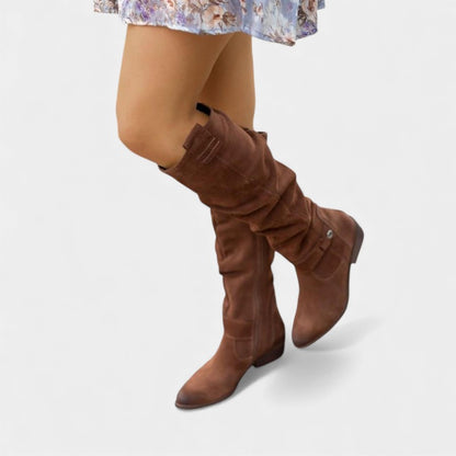 Women’s Suede Knee High Boots With Side Zip and Strap Detail