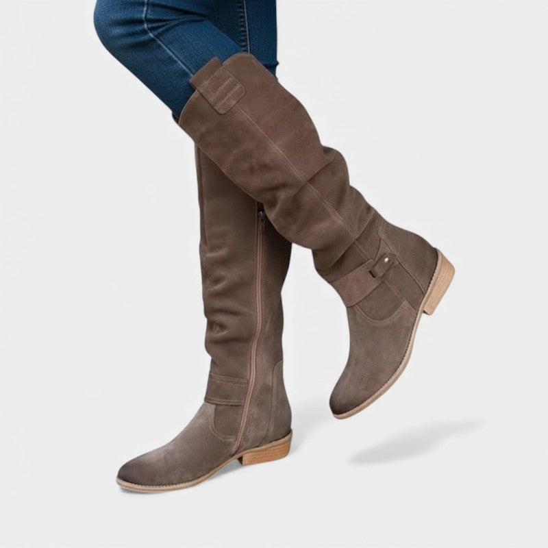 Women’s Suede Knee High Boots With Side Zip and Strap Detail