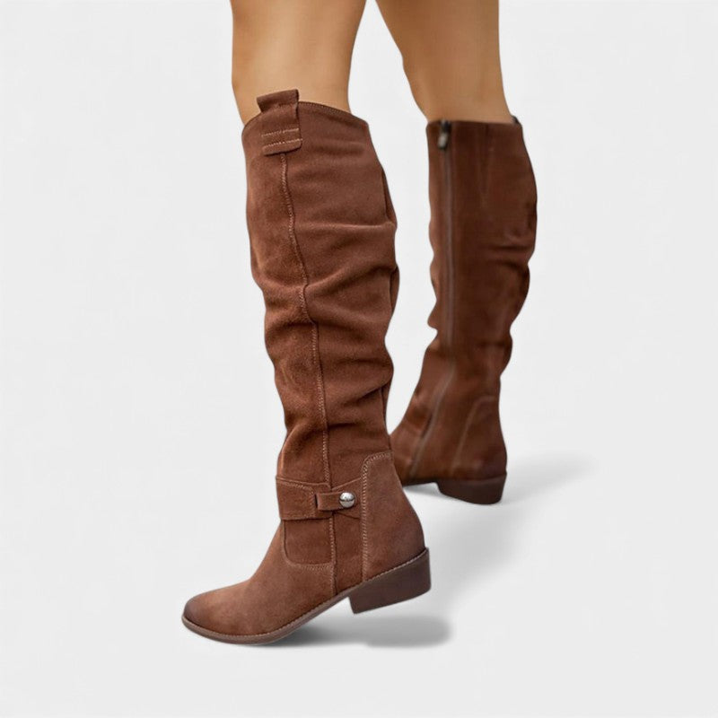 Women’s Suede Knee High Boots With Side Zip and Strap Detail
