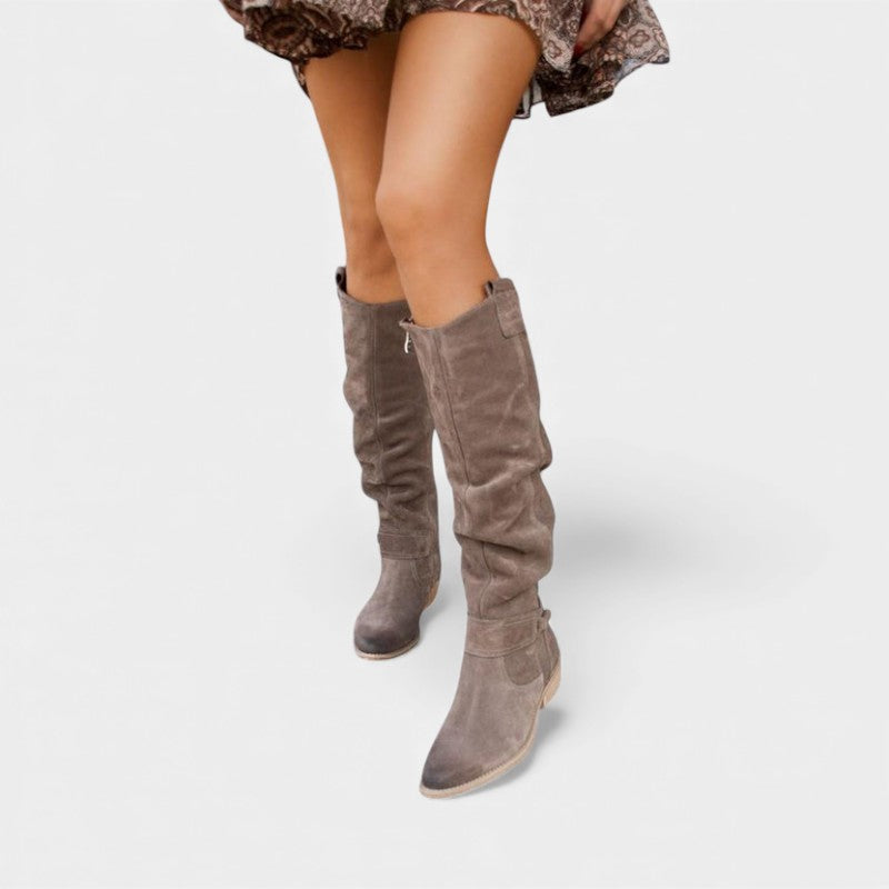 Women’s Suede Knee High Boots With Side Zip and Strap Detail