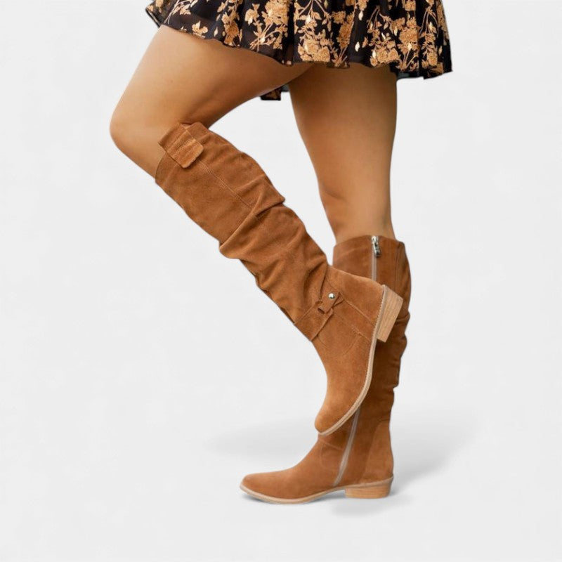 Women’s Suede Knee High Boots With Side Zip and Strap Detail