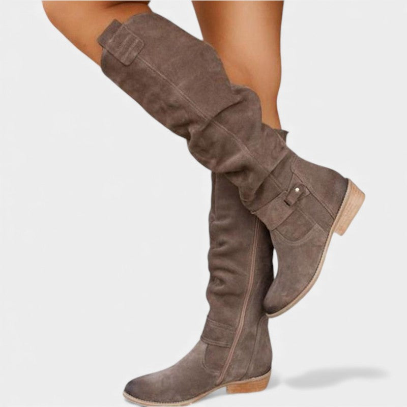 Women’s Suede Knee High Boots With Side Zip and Strap Detail