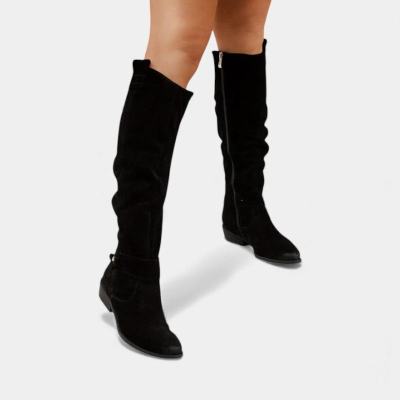 Women’s Suede Knee High Boots With Side Zip and Strap Detail
