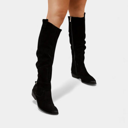Women’s Suede Knee High Boots With Side Zip and Strap Detail