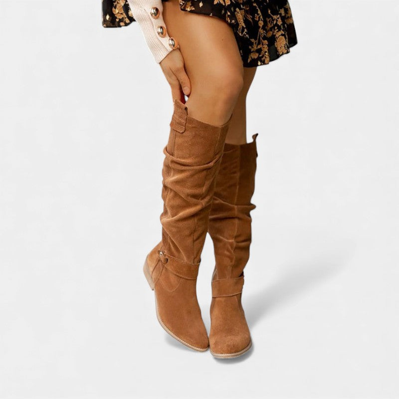 Women’s Suede Knee High Boots With Side Zip and Strap Detail
