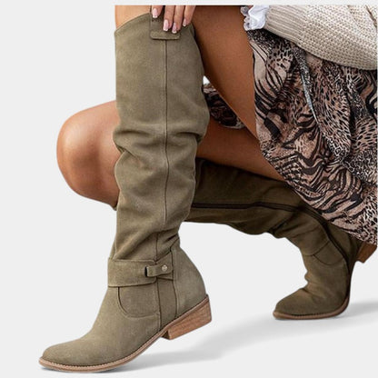 Women’s Suede Knee High Boots With Side Zip and Strap Detail