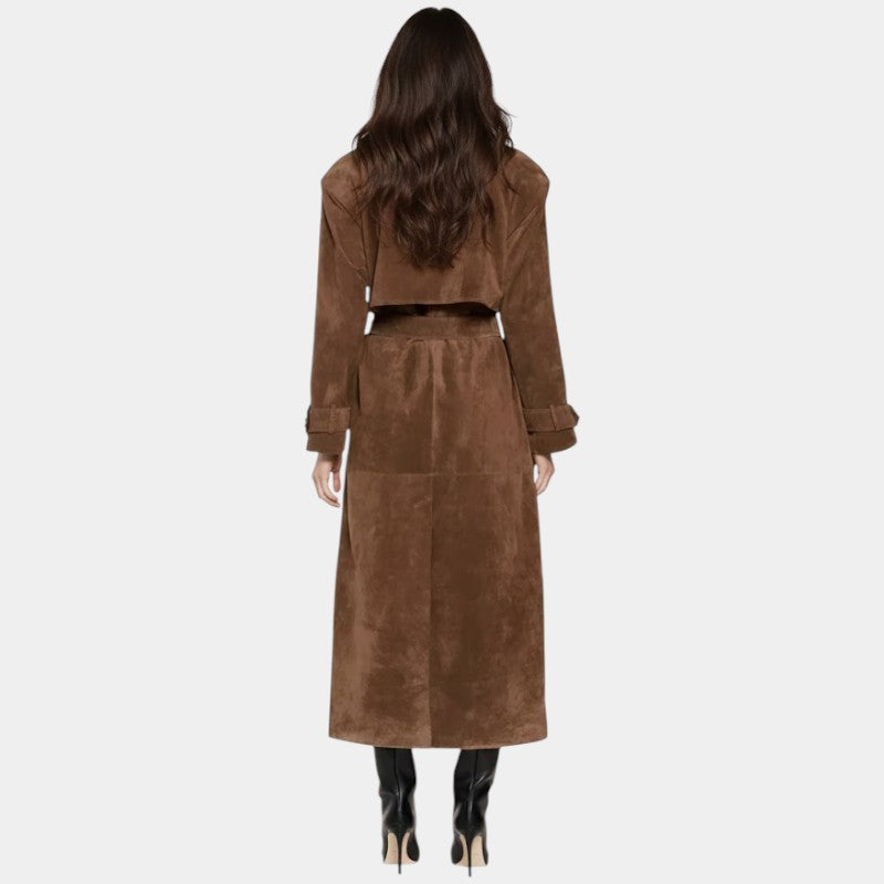 Women’s Suede Trench Coat With Belt and Button Front