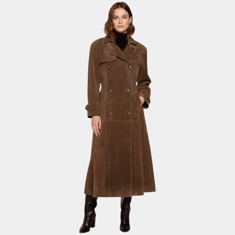 Women’s Suede Trench Coat With Belt and Button Front