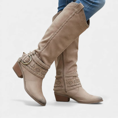 Women’s Tall Boots With Embroidered Shaft and Buckle Strap