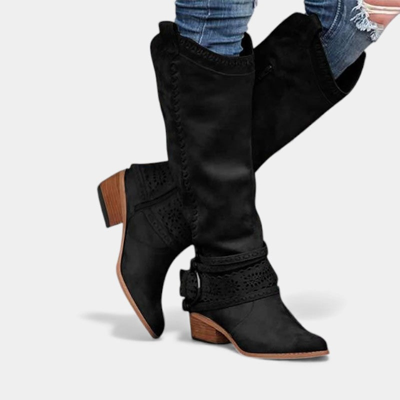 Women’s Tall Boots With Embroidered Shaft and Buckle Strap
