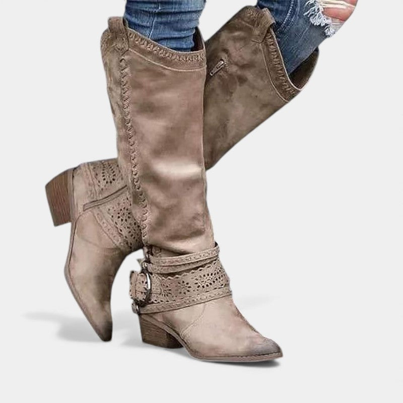 Women’s Tall Boots With Embroidered Shaft and Buckle Strap