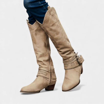 Women’s Tall Boots With Embroidered Shaft and Buckle Strap