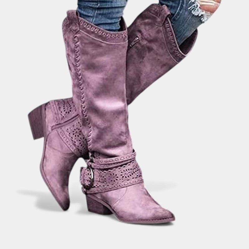 Women’s Tall Boots With Embroidered Shaft and Buckle Strap