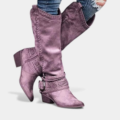 Women’s Tall Boots With Embroidered Shaft and Buckle Strap