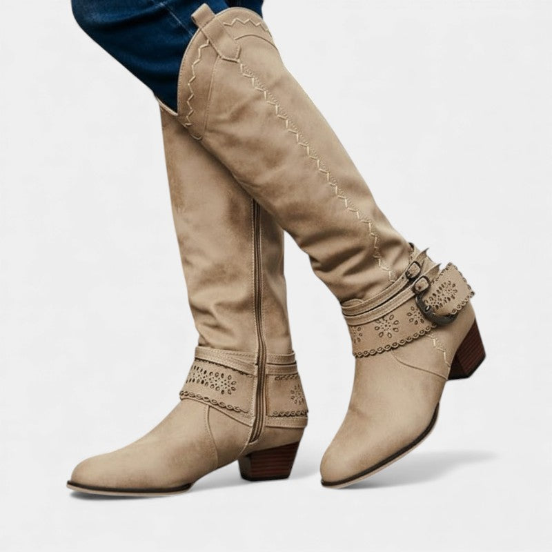 Women’s Tall Boots With Embroidered Shaft and Buckle Strap